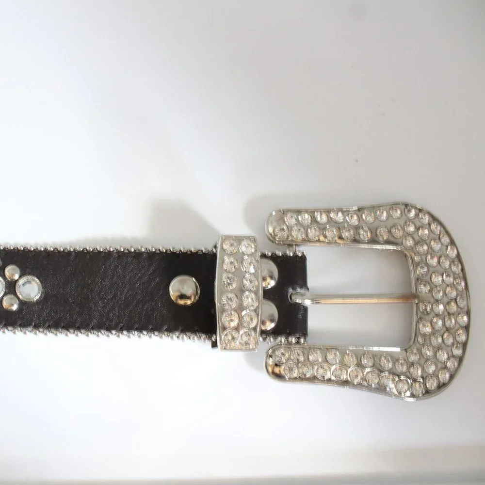 Western Women's Belt Brown Leather Square Rhinestone Conchos And Crystal Bling ~ - Picture 7 of 11